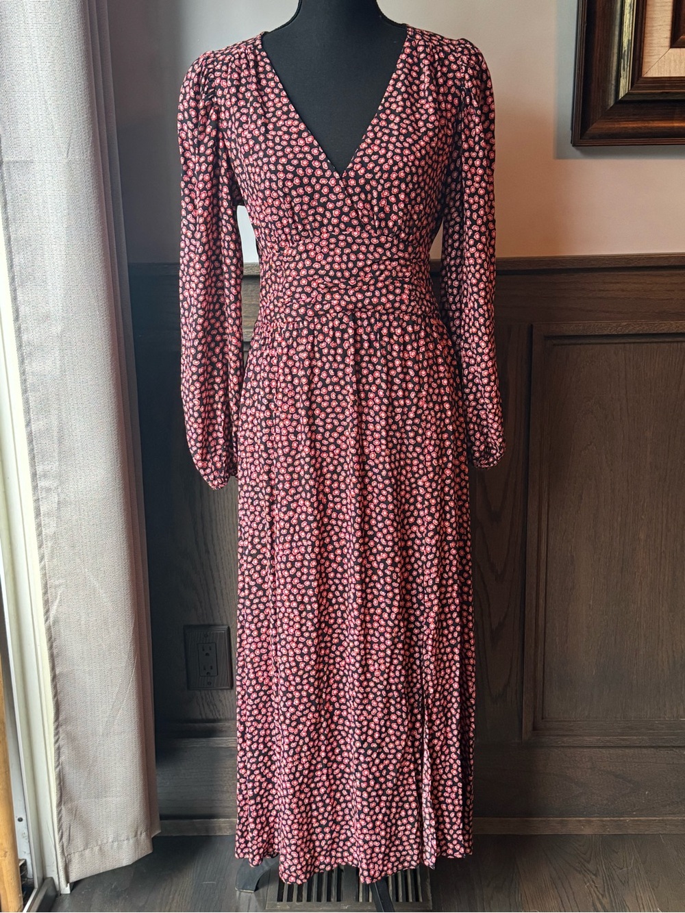 Leith navy, red, pink  Floral Long Sleeve V-Neck Midi Dress small